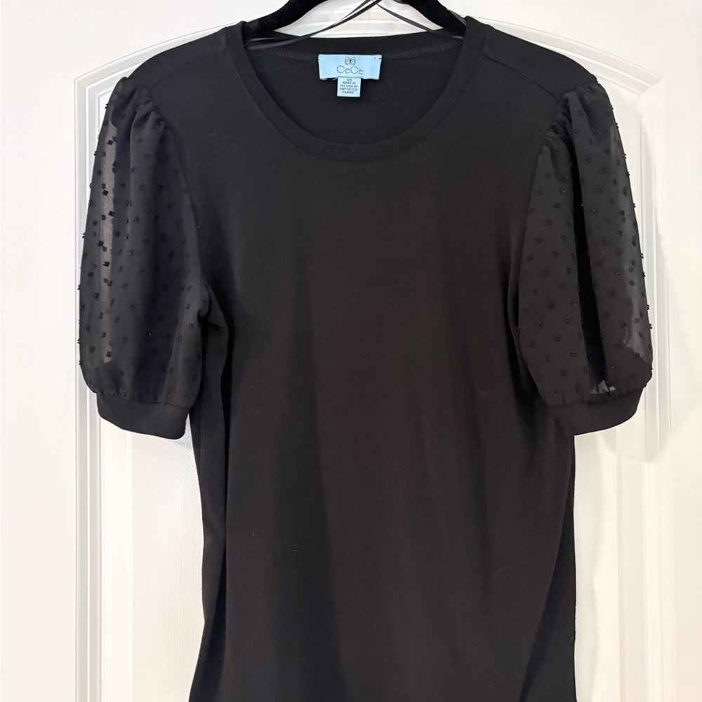 CeCe Black Short Sleeve Top with Sheer Puff Sleeves